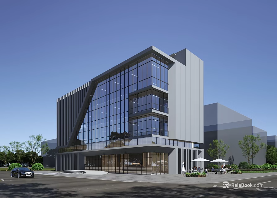 Modern Office Building With Glass Facade And Geometric Design Featuring Greenery And Outdoor Seating 3d model 