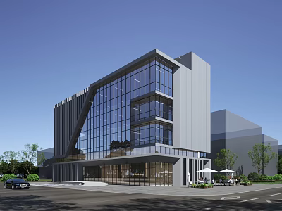 Modern Office Building With Glass Facade And Geometric Design Featuring Greenery And Outdoor Seating 3d model