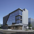 Modern Office Building With Glass Facade And Geometric Design Featuring Greenery And Outdoor Seating