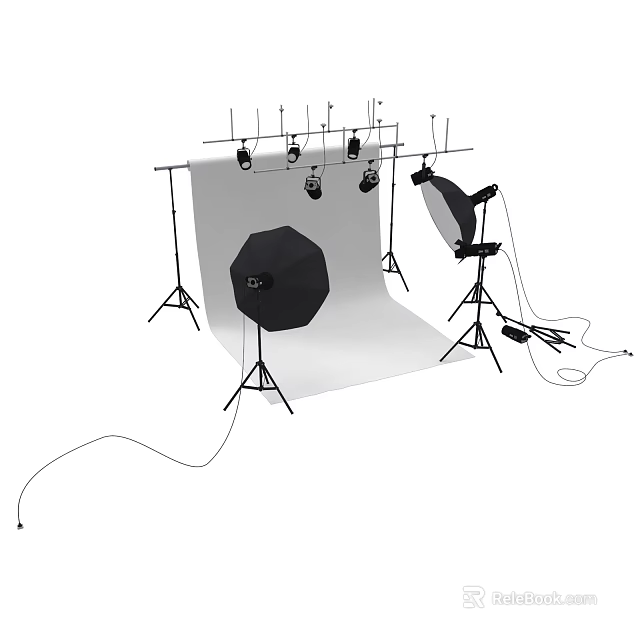 Professional Photography Studio Equipment With Studio Lighting Softboxes Backdrop And Light Stands 3d model 