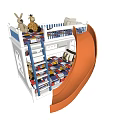 Kids Bunk Bed with Blue Rails Orange Slide Colorful Checkered Mattress and Stuffed Toys