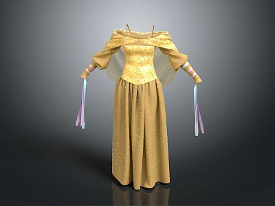 Golden Sparkling Long Dress With Decorative Sleeves And Colorful Ribbons Design 3d model