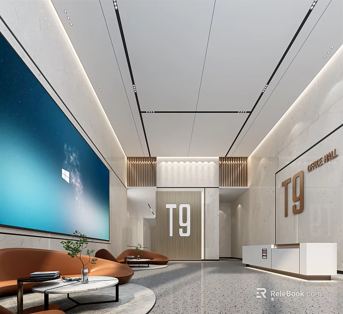 Modern T9 Reception Lobby With Large Screen Front Desk Brown Sofa And Decor 3d model