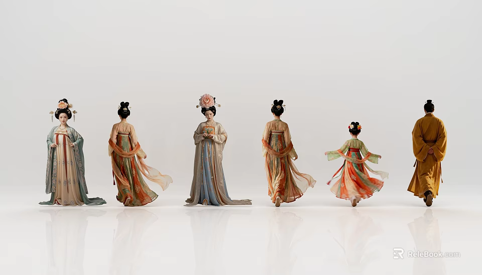 Multiple People Dressed In Traditional Ancient Costumes With Colorful Long Dresses On White Background 3d model 