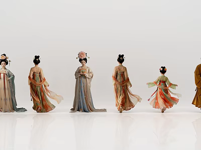 Multiple People Dressed In Traditional Ancient Costumes With Colorful Long Dresses On White Background 3d model