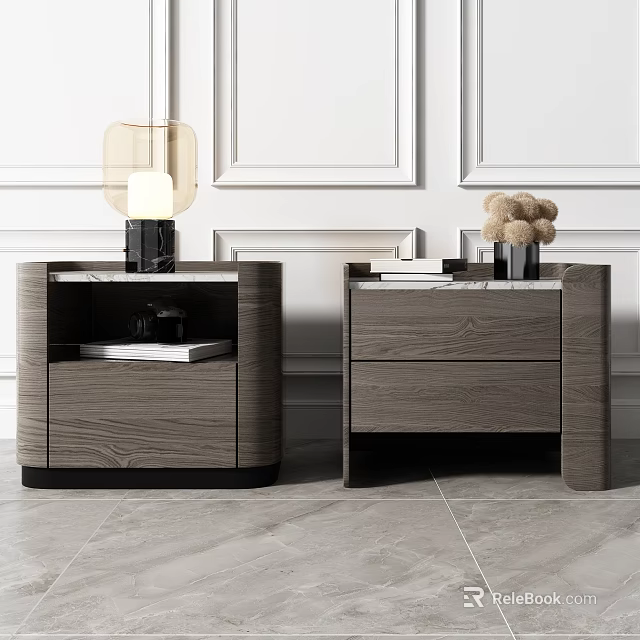 Modern Wooden Bedside Tables with Open Shelf Drawers Lamp Books and Decorative Vase 3d model 