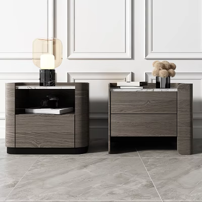 Modern Wooden Bedside Tables with Open Shelf Drawers Lamp Books and Decorative Vase 3d model