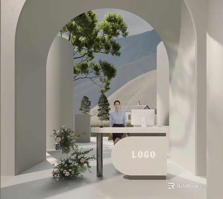 Modern Reception Desk With LOGO Arched Structure Green Plants Mountain View And Flower Bouquet 3d model 