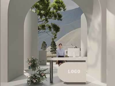 Modern Reception Desk With LOGO Arched Structure Green Plants Mountain View And Flower Bouquet 3d model