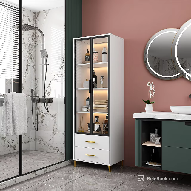 White Bathroom Cabinet Featuring Glass Doors Drawers Shelves Marble And Mirrors 3d model 