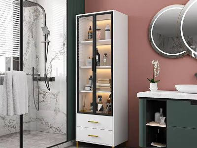 White Bathroom Cabinet Featuring Glass Doors Drawers Shelves Marble And Mirrors 3d model