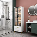 White Bathroom Cabinet Featuring Glass Doors Drawers Shelves Marble And Mirrors