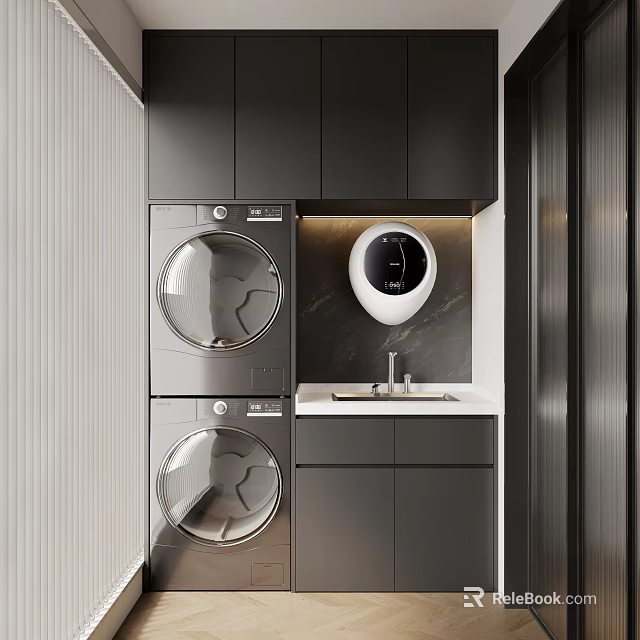 Sleek Modern Balcony Cabinet Design With Stacked Washer Dryer Sink And Storage 3d model 
