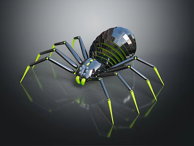 Mechanical Spider With Shiny Metallic Body And Neon Green Leg Tips On Reflective Surface 3d model