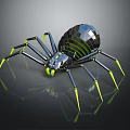Mechanical Spider With Shiny Metallic Body And Neon Green Leg Tips On Reflective Surface