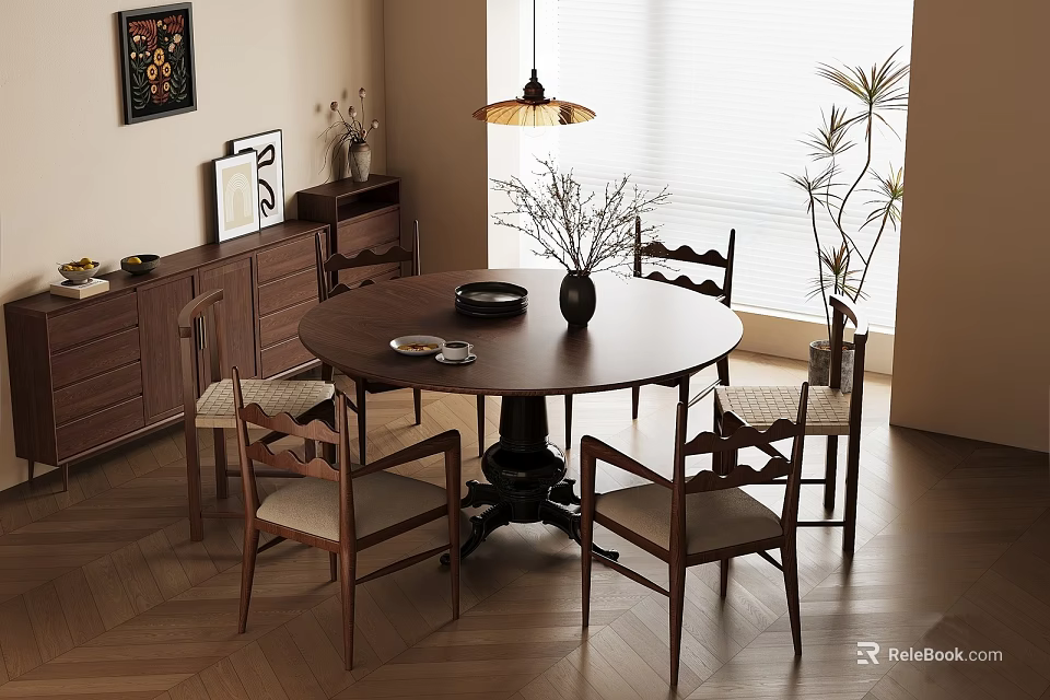 Modern Restaurant Dining Area With Round Wooden Table Comfortable Chairs Pendant Light And Decorative Art 3d model 