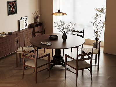 Modern Restaurant Dining Area With Round Wooden Table Comfortable Chairs Pendant Light And Decorative Art 3d model