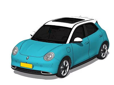 Blue Hatchback Car With White Roof Yellow License Plate And Modern Styling 3d model