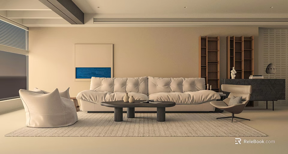Modern Living Room Interior With Beige Sofa White Cushions And Round Coffee Tables 3d model 