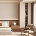 Elegant Modern Bedroom Interior With Platform Bed Nightstands Pendant Light And Accent Chair