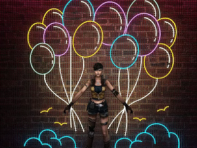 Neon Balloon Shaped Decorative Lights Illuminated Against Brick Wall Background 3d model