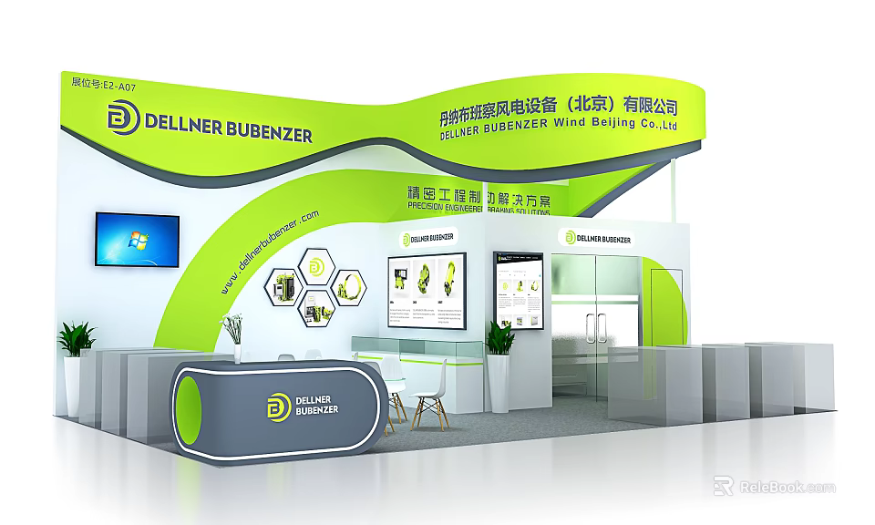 DELLNER BUBENZER Exhibition Booth With Green White Design Display Screens And Reception Desk 3d model 