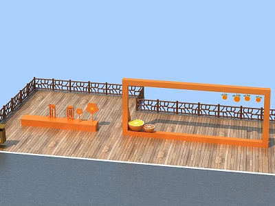 Practical Roadside Facilities With Wooden Platform Orange Structure And Fencing 3d model