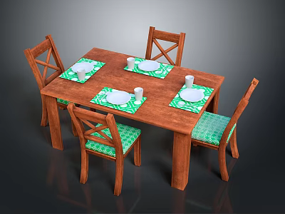 Wooden Dining Table And Chairs With Green Placemats Plates Cups And Cross Back Design 3d model