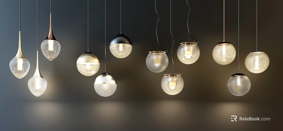 Modern Spherical Pendant Lights with Textured and Smooth Designs Hanging and Glowing on Dark Wall 3d model 