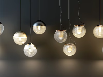 Modern Spherical Pendant Lights with Textured and Smooth Designs Hanging and Glowing on Dark Wall 3d model