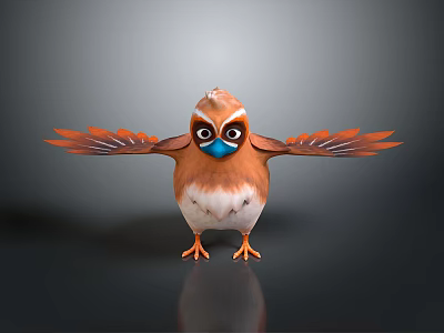 Cartoon Bird With Brown And White Feathers Blue Beak Spread Wings Standing Pose 3d model