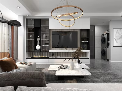 Modern Living Room Interior With Gray Sofa White Marble Coffee Table And Gold Chandelier 3d model