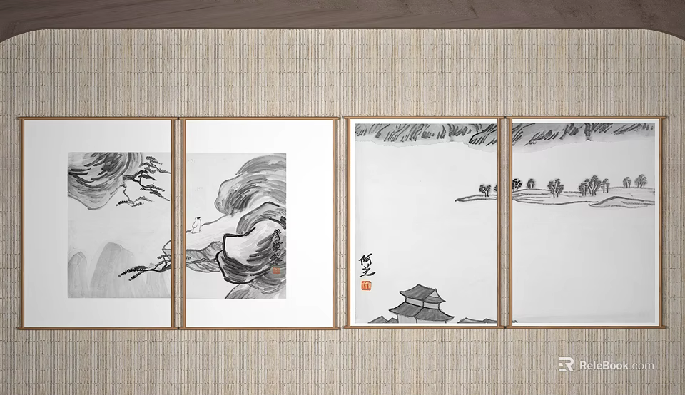 Traditional Chinese Ink Paintings Four Panel Artworks Hanging On Woven Texture Wall 3d model 