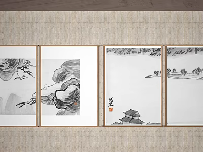 Traditional Chinese Ink Paintings Four Panel Artworks Hanging On Woven Texture Wall 3d model