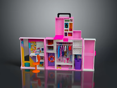Pink Electronic Appliance Toy Storage Case With Small Fan Clothes Hangers And Mini Furniture 3d model