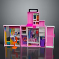 Pink Electronic Appliance Toy Storage Case With Small Fan Clothes Hangers And Mini Furniture