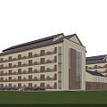 Modern Multi Story Office Building With Glass Curtain Walls Sloped Roof And Lawn Front