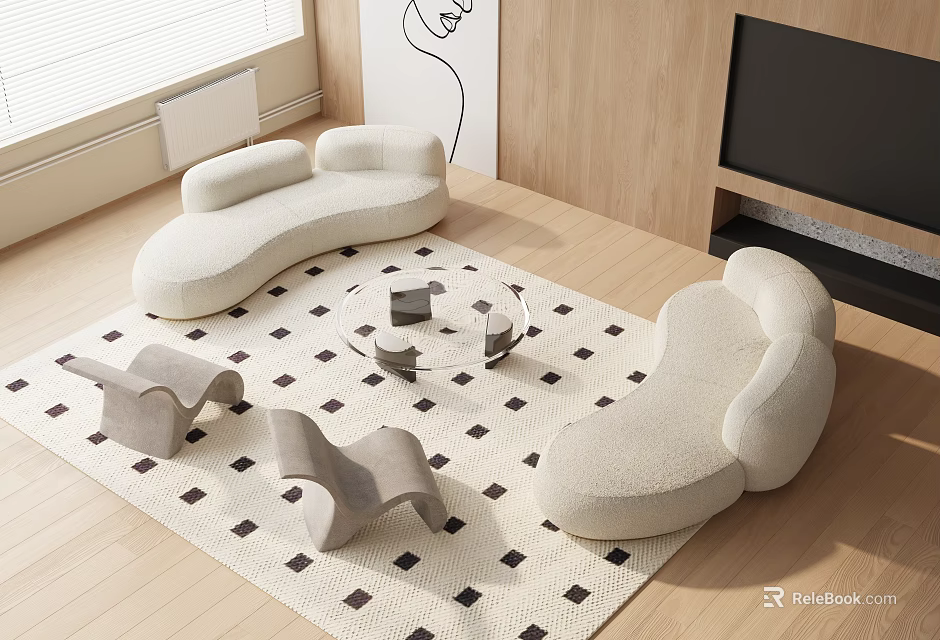 Modern Plush Sofa and Glass Coffee Table Set with Checkered Rug in Living Room 3d model 