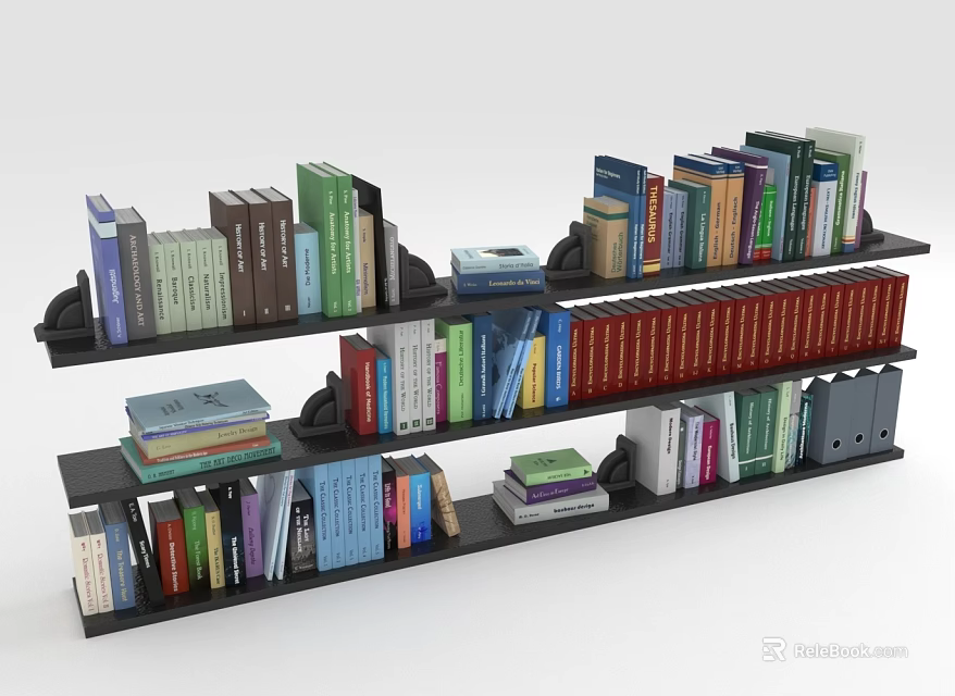 Modern Black Bookshelf With Spacious Shelves And Various Books For Home Storage 3d model 