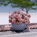 Blue And White Teacup Planter With Pink Roses Surrounded By Trees And Small Flowers