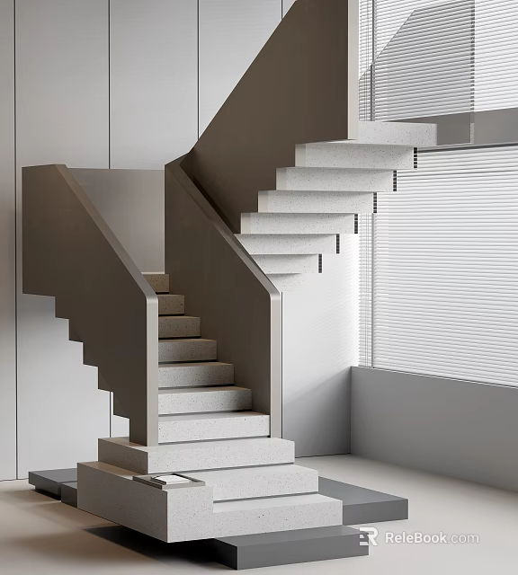 Modern Minimalist Staircase Interior Design With Concrete Steps And White Walls 3d model 