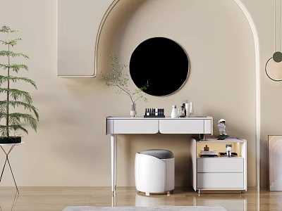 Modern White Dressing Table With Round Mirror Stool Beige Wall And Cosmetics 3d model