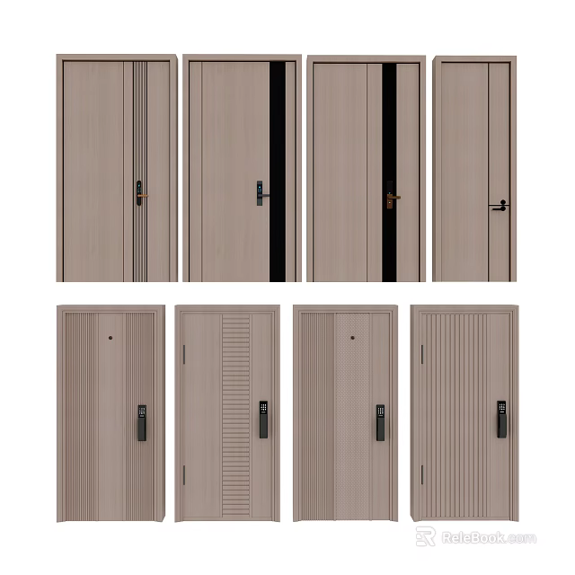 Modern Wooden Hinged Doors With Various Panel Designs And Handle Styles 3d model