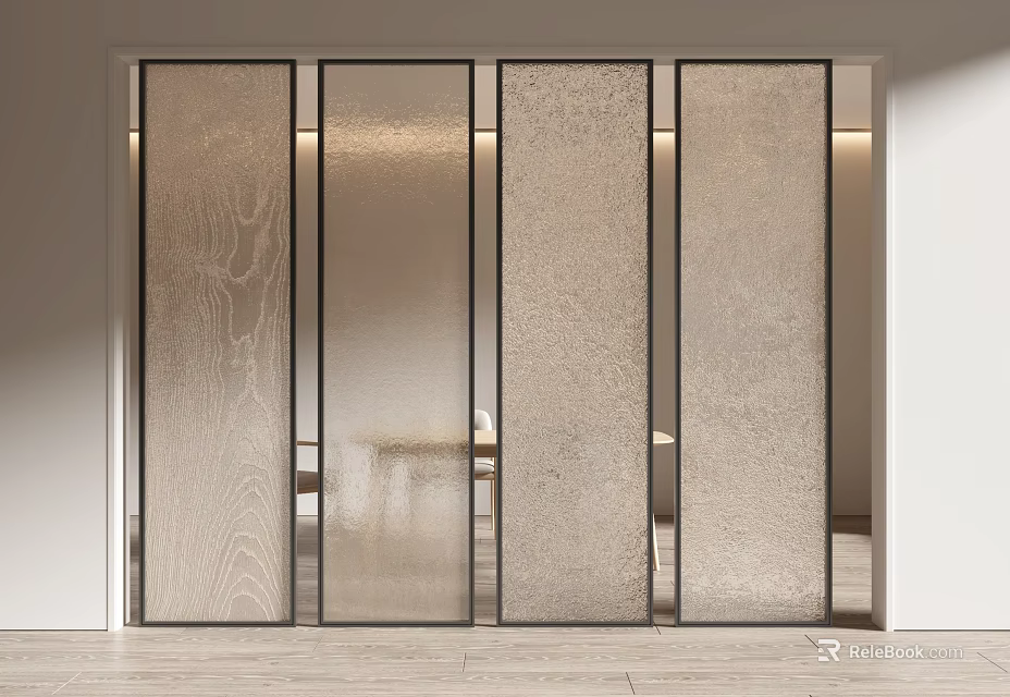 Modern Textured Glass Partition With Slim Metal Frame For Interior Space Divider 3d model 