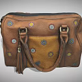 Brown Leather Handbag With Embroidered Sun Flower Patterns And Tassel Decoration