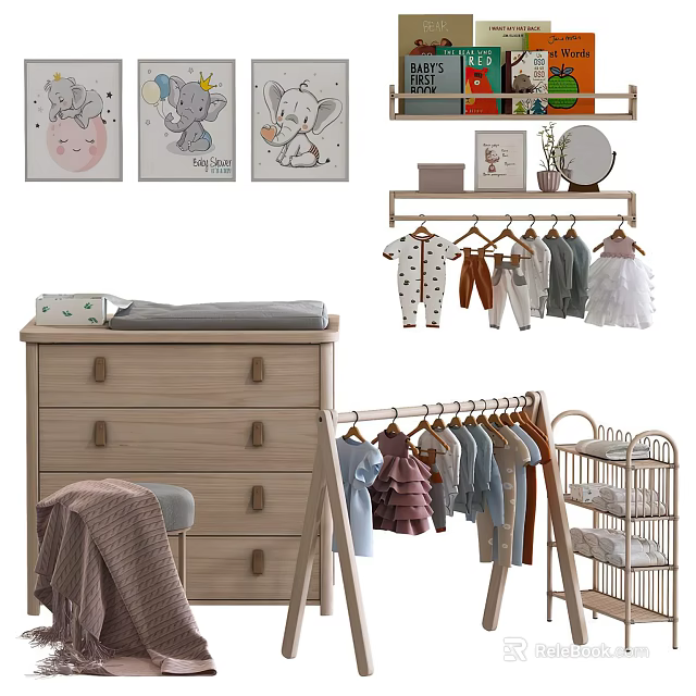 Wooden Chest of Drawers in Baby Nursery with Hanging Clothes and Decorative Paintings 3d model 