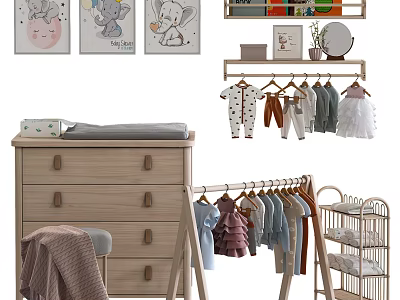 Wooden Chest of Drawers in Baby Nursery with Hanging Clothes and Decorative Paintings 3d model