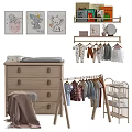 Wooden Chest of Drawers in Baby Nursery with Hanging Clothes and Decorative Paintings