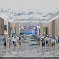 Elegant Banquet Hall Interior With Decorative Chandeliers Arranged Tables And Marble Floor Design