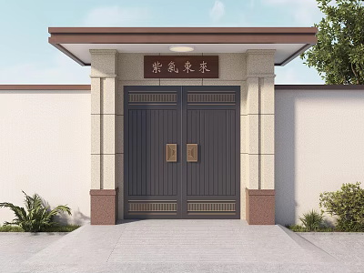 Traditional Chinese Dark Wooden Double Gate With Brass Knockers Tiled Roof Overhang And Green Plants 3d model